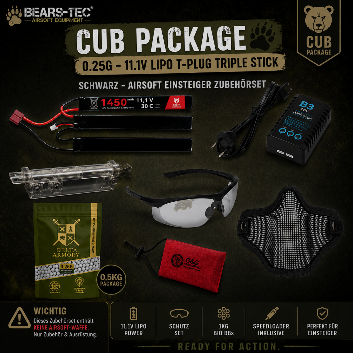 Cub Package 0.28g – 11.1v LiPo T-Plug Triple Stick Nero – Set di Accessori per Principianti per Airsoft, immagine 1 di 8