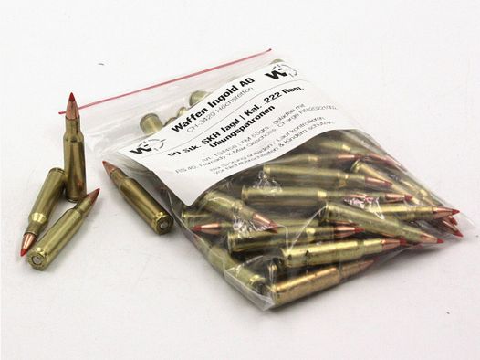 SKH Jagd, Kal. 222 Rem. Übungspatrone, TM, 55 gr., 50 Stk. (Hornady V-Max Geschoss)