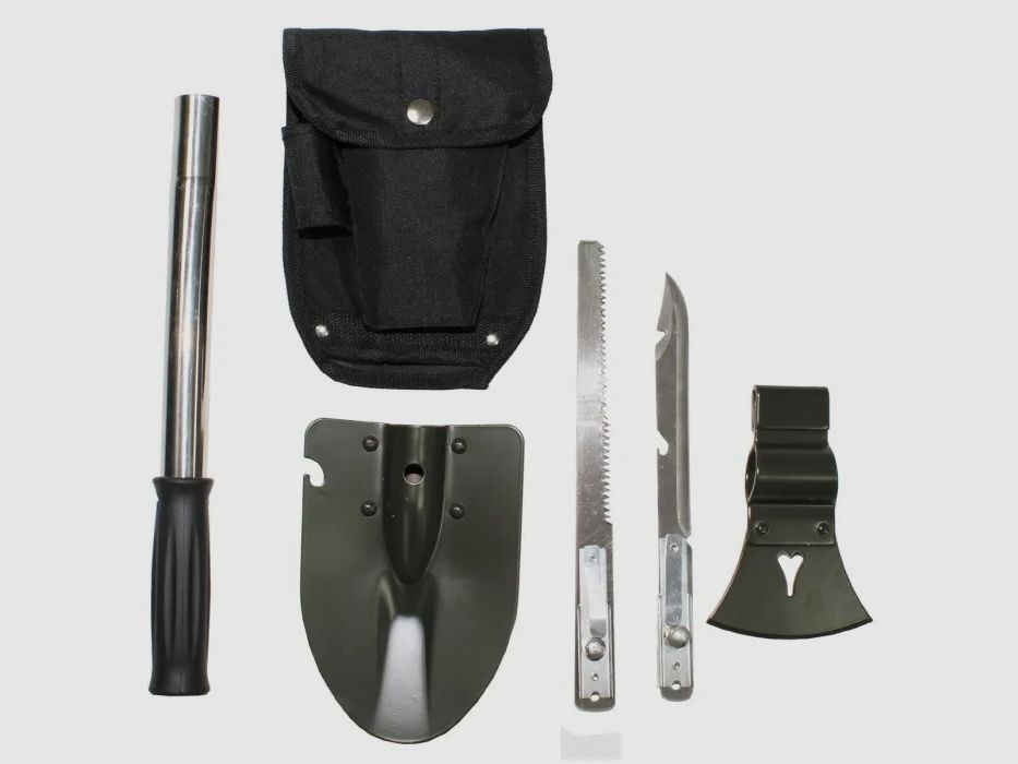Set multifunzione, 6 in 1, con borsa - composto da: manico universale, ascia, pala, sega, coltello con apribottiglie e apriscatole
