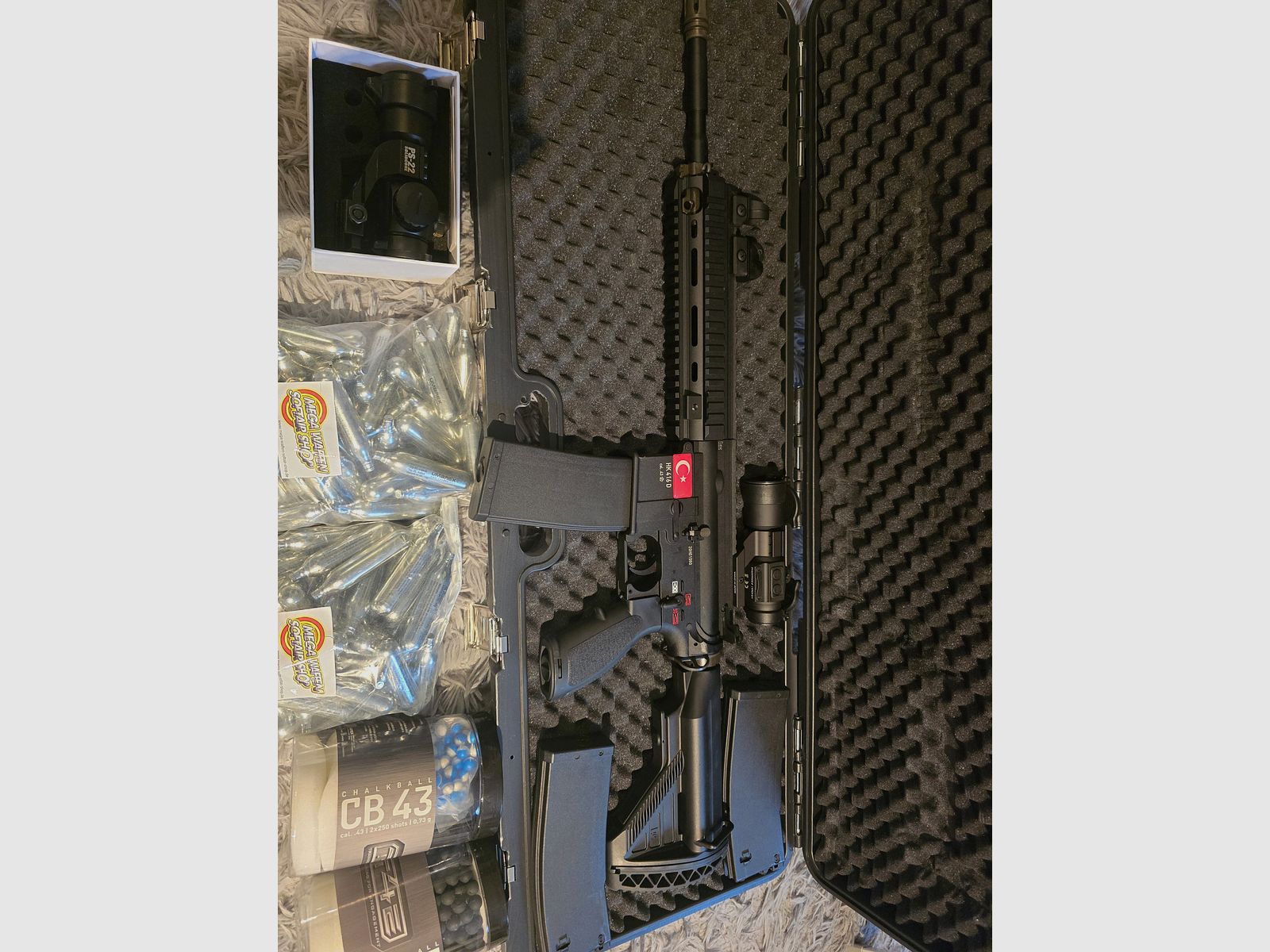 Conjunto completo: Umarex T4E HK416 D / RAM fusil de asalto (cal. .43) incluye 2 cargadores, Red Dot, CO2 y mucha munición