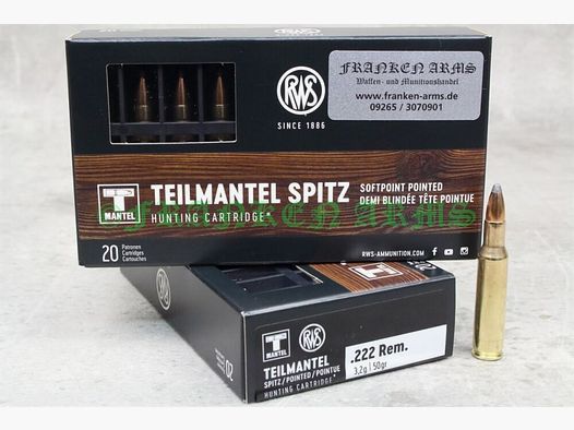 RWS giacca parziale .222 Rem. 50gr. 3,2g 20 pezzi prezzi a scalare