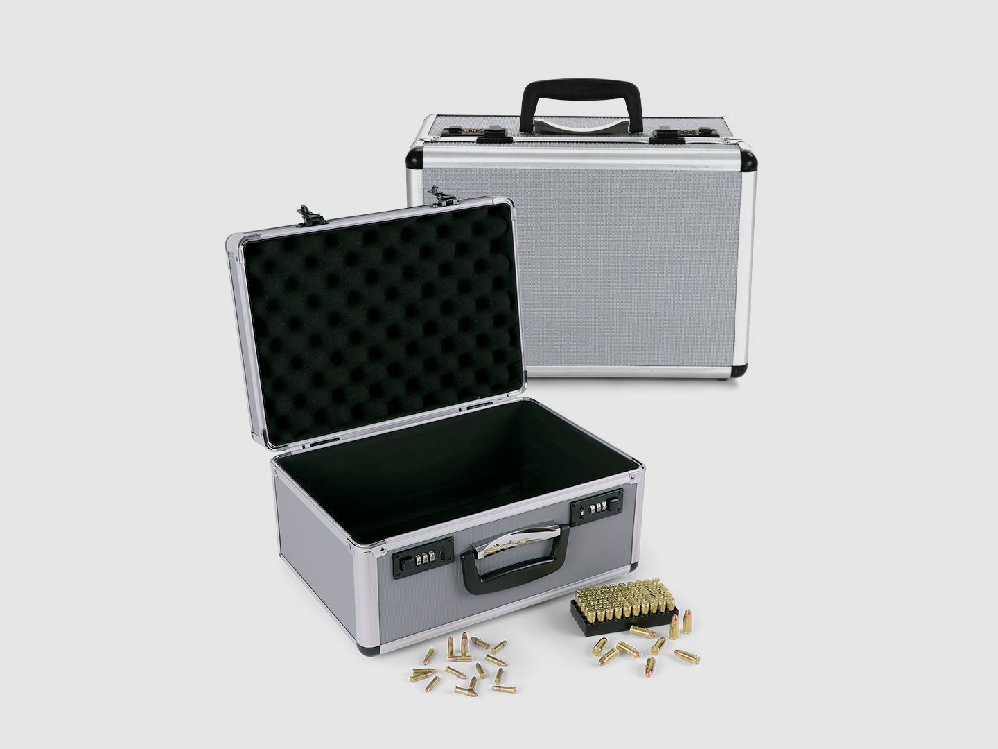 Winter Munitionskoffer für Flintenmunition – Aluminium/Holz, 2 Zahlenschlösser – Silber (JM-6008)