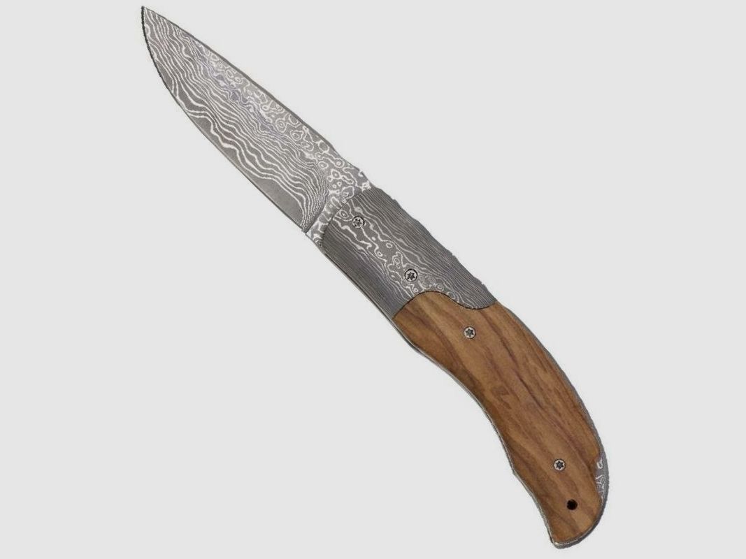 Damast-Taschenmesser Olivenholzgriff