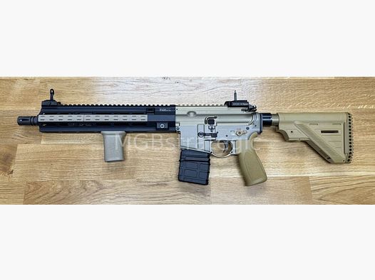 Heckler & Koch MR223 A3 Slim-Line 12.9" barrel - semi-automatic rifle .223Rem color sand / Ral8000 - system HK416 / Geissele MK15 HK416 handguard / muzzle thread now 1/2-28 UNEF / only 3.28 kg / barrel turned down & shortened / "Project Hunter"