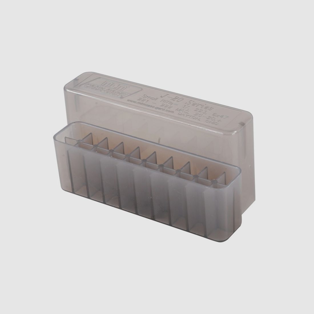 MTM scatola per cartucce J-20-XS-41 trasparente con coperchio per 20 cartucce .17 e inferiori.