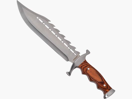 Bowiemesser mit aussergewöhnlicher Klinge und Pakkaholzgriff