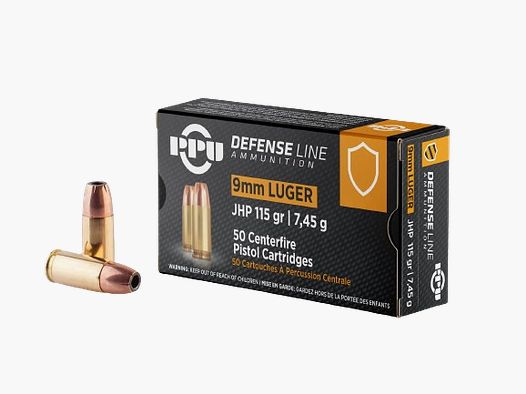 PPU 9MM LUGER DEFENSIE LIJN - 7,45G / 115 GRS. - JHP - 50 SCHOTEN