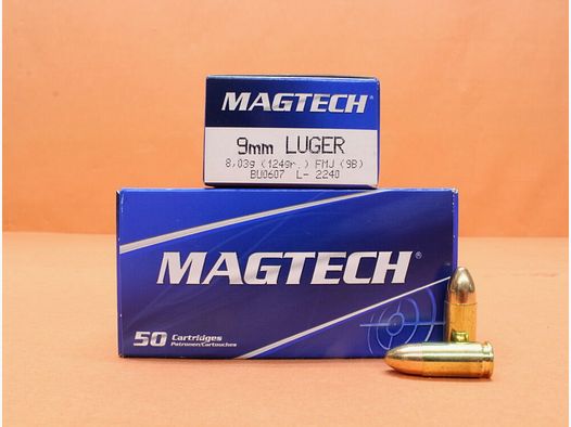 Magtech patroon 9mm Luger Magtech 124grs FMJ/ FMC (9B) 20 x VE 50 = 1000 patronen/ volmantel (9mm Para/9x19)