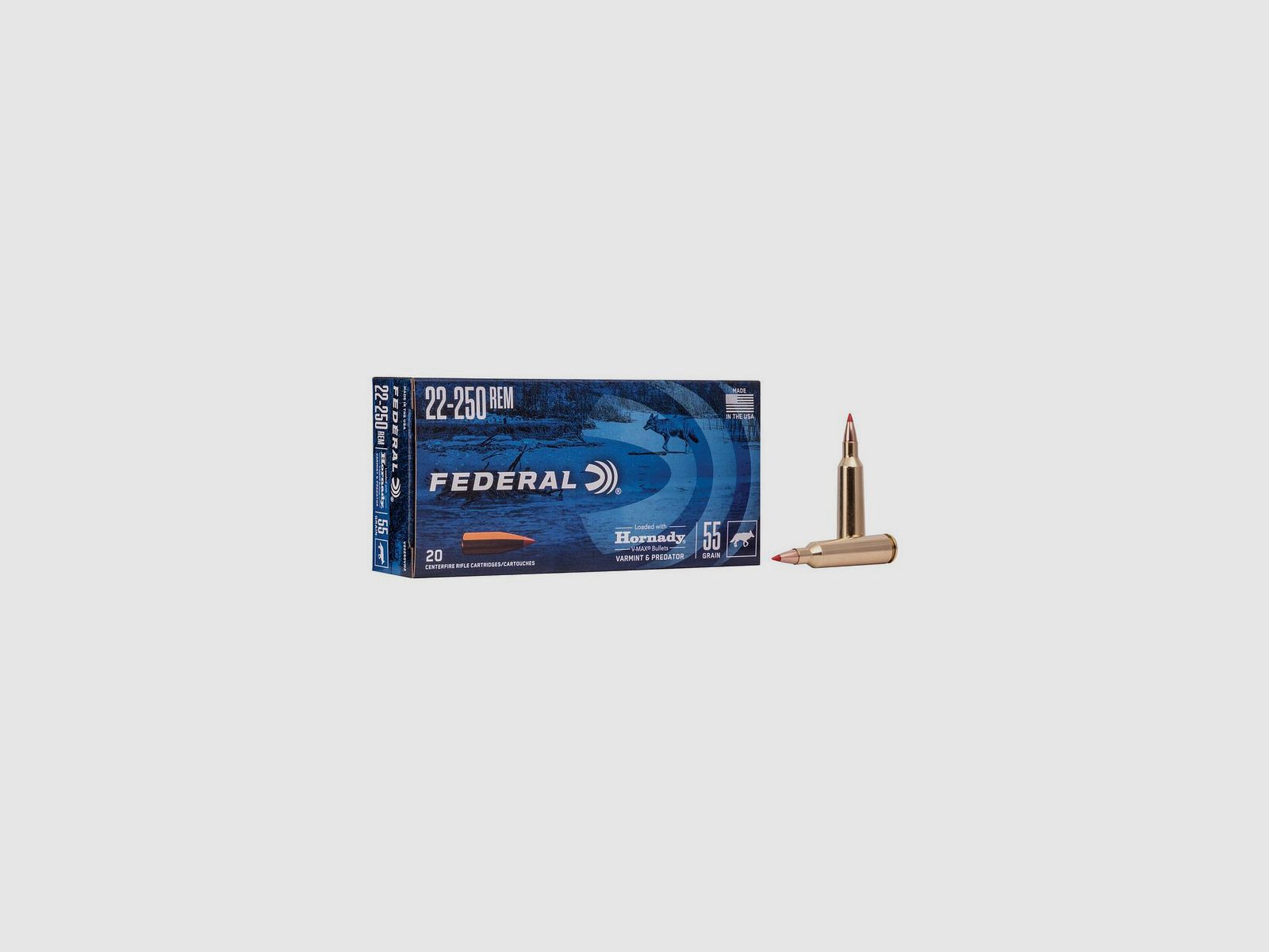 Büchsenmunitie FEDERAL Varmint & Predator Hornady V-Max – 22-250 Rem. – 55 grains, afbeelding 1 van 3