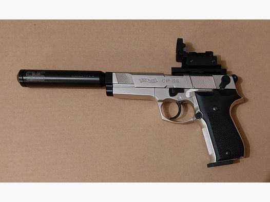 Walther CP88 Competition C02 Pistole 4,5mm Diabolo vernickelt mit Red Dot und Schalldämpfer.