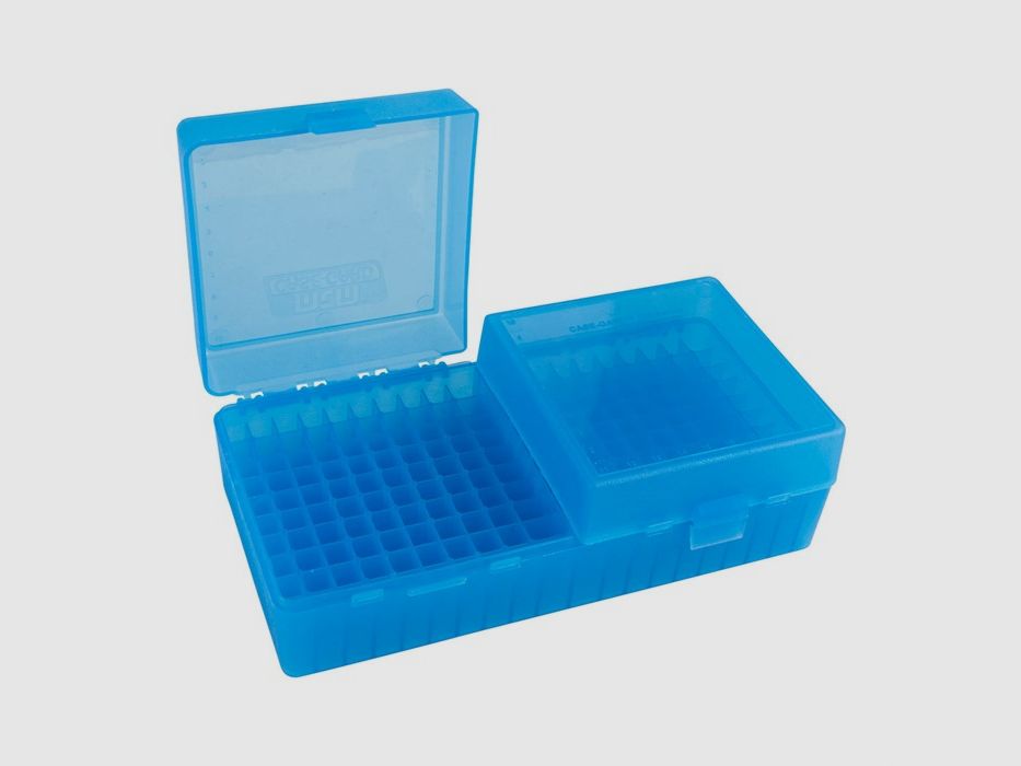 MTM scatola per cartucce RS-200-24 blu trasparente con coperchio a ribalta per 200 cartucce .223 e altre.