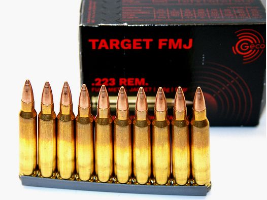 50 Schuss GECO SWISS .223 Rem. 55gr 3,6g Vollmantel Munition Patronen a. Ladestreifen 5,56 Schweizer