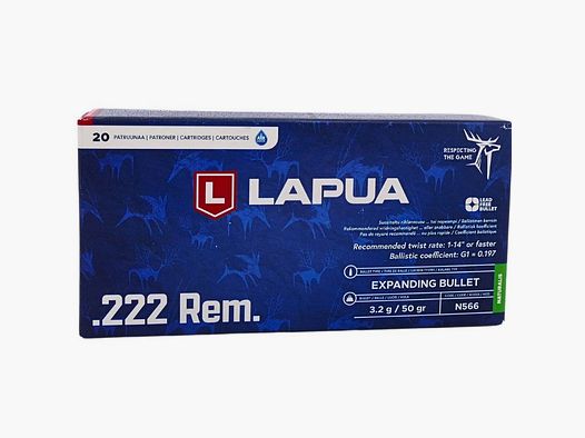 Lapua .222 Rem Naturalis 3,2g/50gr Cartouches de fusil sans plomb