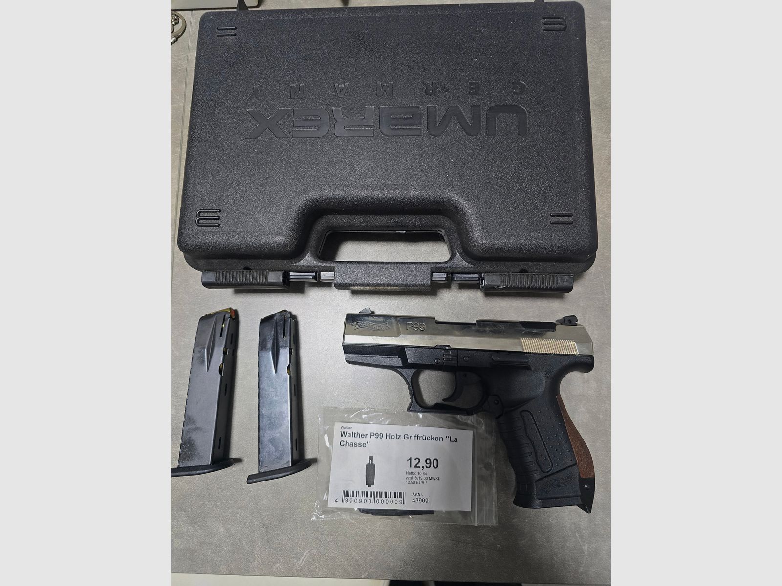 Walther P99 Stahlverschluss nickel Holzrücken, Ersatzmagazin und Koffer !!
