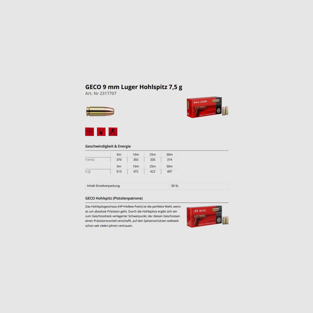 GECO Pistolenmunition 9mmLuger JHP 50 Stk  115grs/7,5g