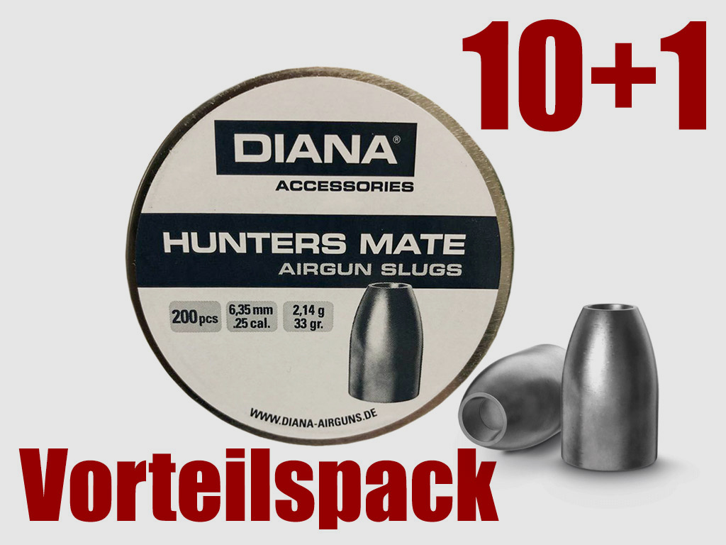 Vorteilspack 10+1 Hohlspitz Diabolos Diana Hunters Mate Airgun Slug Kaliber 6,35 mm 2,14 g glatt 11 x 200 StĂĽck