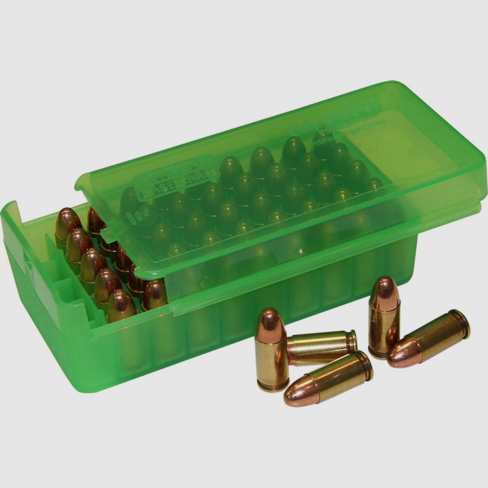 MTM Scatola per cartucce P50SS-45-16 Pistol con coperchio scorrevole verde trasparente per 50 cartucce .45 ACP