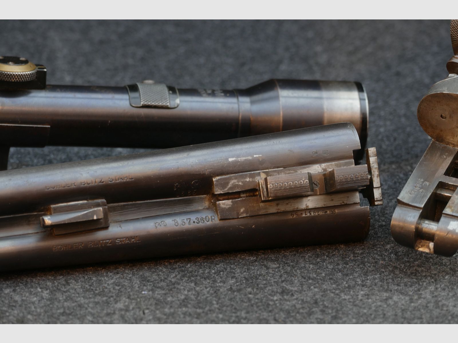 Cockshotgun from Ferlach, cal. 8×57 R‑360 / 16/65, scope Kahles Vienna H/4×, leather travel case, dies, cases, and bullets (173)