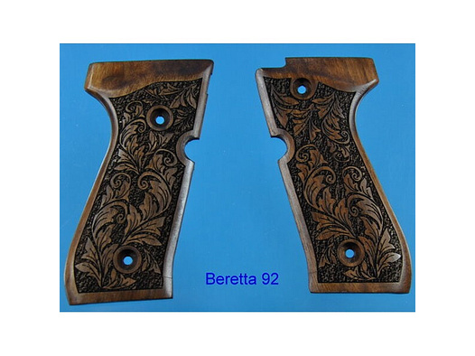 Luxus-Nussbaum-Griffschalen für Pistole Beretta 92 mit Rankenverschneidungen
