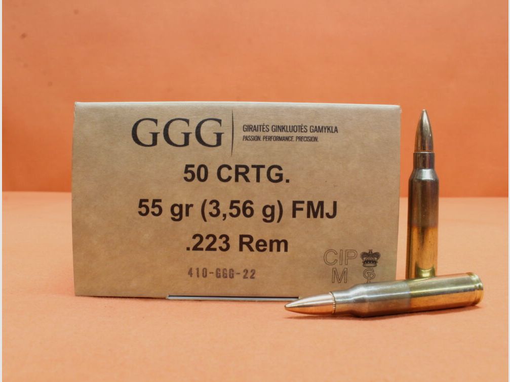 GGG. Patrone .223Rem GGG 55grs FMJ (GPR11) VE 50 Patronen/ 3,56g Vollmantel, Bild 1 von 2