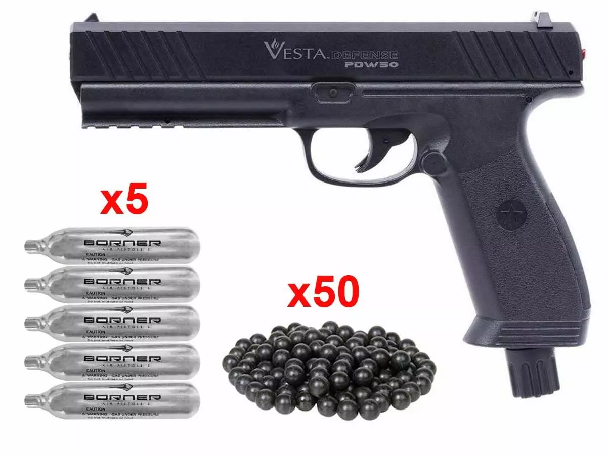 PACK FERTIG ZUM SCHIEßEN Verteidigungspistole Vesta PDW50 CO2 – .50 (17 Joule) (50 KUGELN, 5CO2)