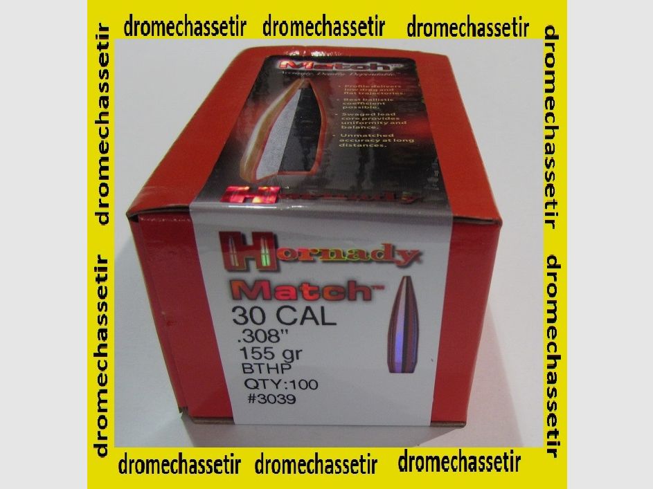 boite de 100 ogives Hornady, cal 7,62mm (0.308), BTHP 155 Grains, ref 3039