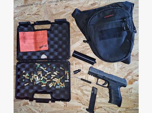 WALTER PPQ mit SCHALLDÄMPFER / MATT SILBER GRAU / mit Zubehör + OVP + PISTOLEN UMHÄNGETASCHE / cal. 9mm P.A.K. / PTB 958 / SCHRECKSCHUSS GAS PISTOLE / SILVESTER / SELBSTVERTEIDIGUNG / NEUWERTIG /  !!! BITTE BESCHREIBUNG LESEN !!!
