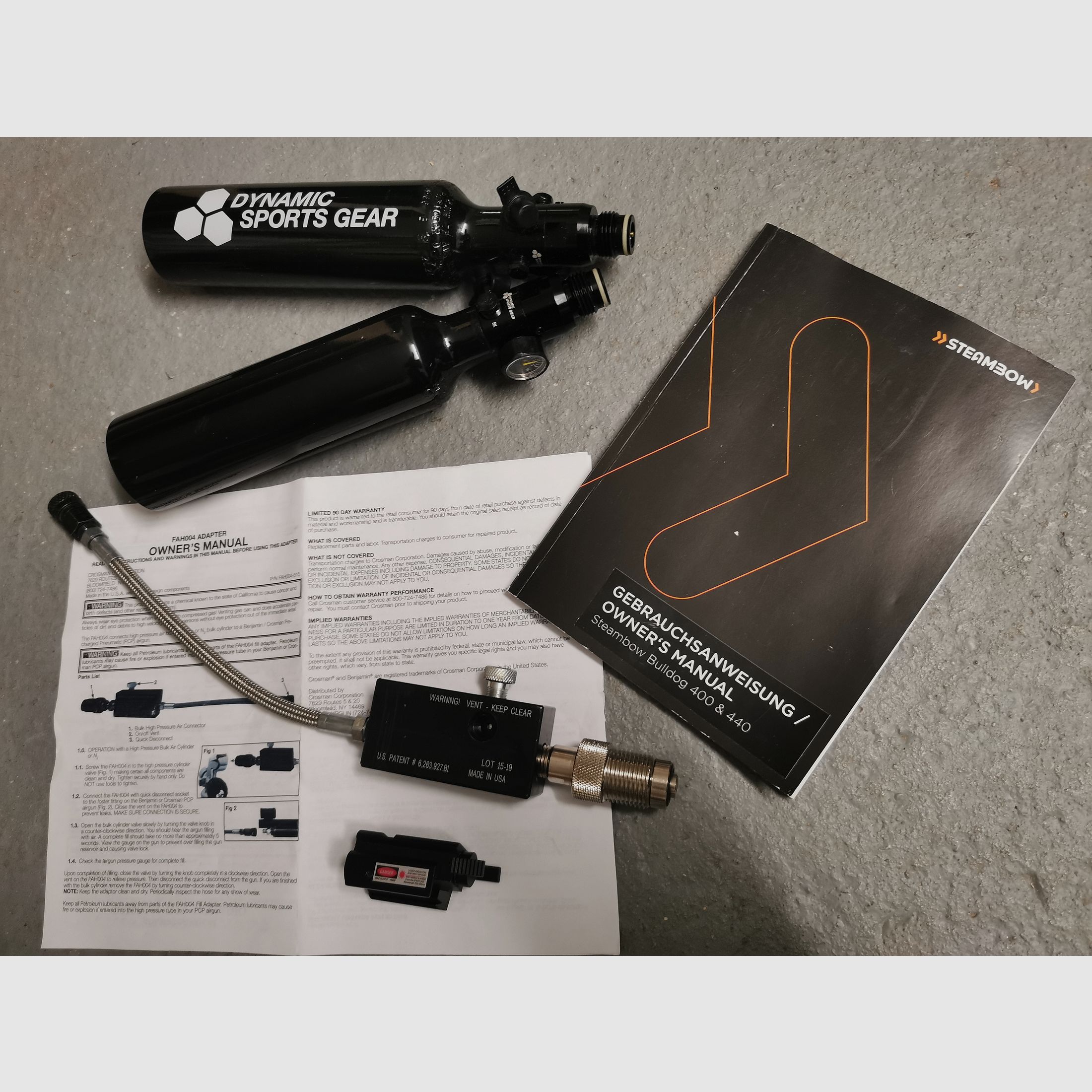 Steambow Bulldog 440 Excalibur crossbow with pneumatic tensioner and a lot of accessories