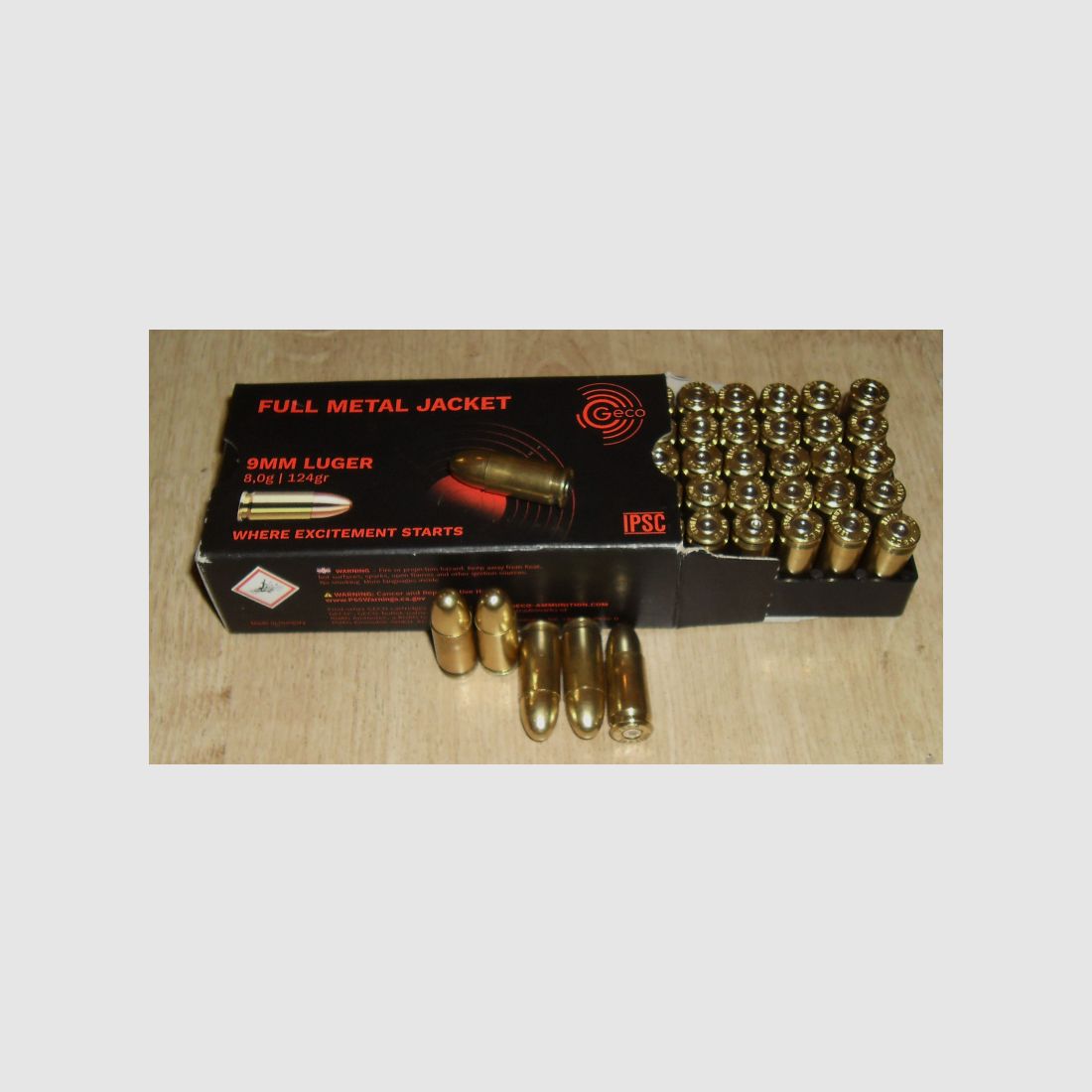 50 Deko Dekopatronen GECO 9mm Para / 9X19 / 9mm Vollmantel Original Hülsen u. Originalverpackung