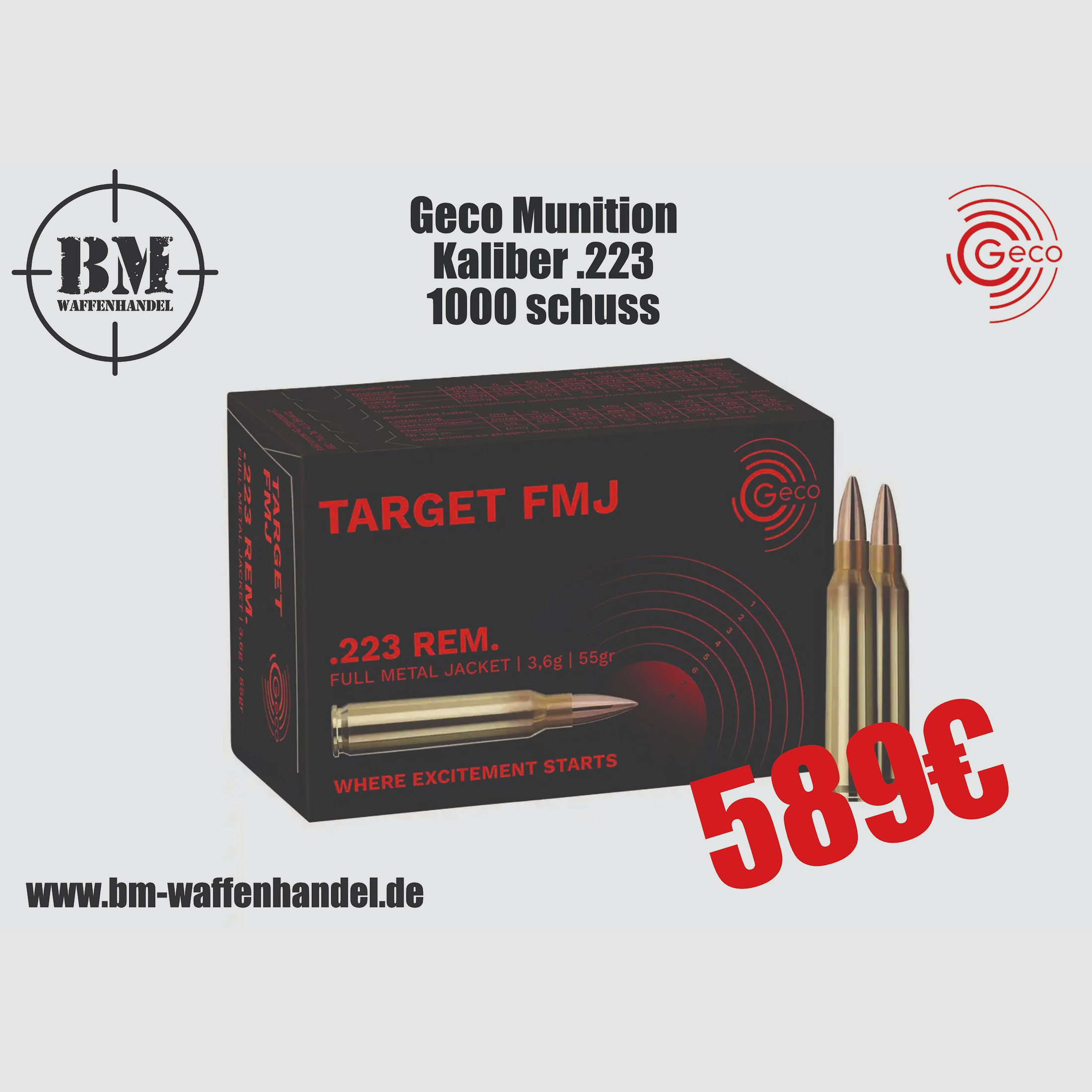 Munición Geco .223 Rem. Vlm Target 3,6g/55grs. 1000 disparos