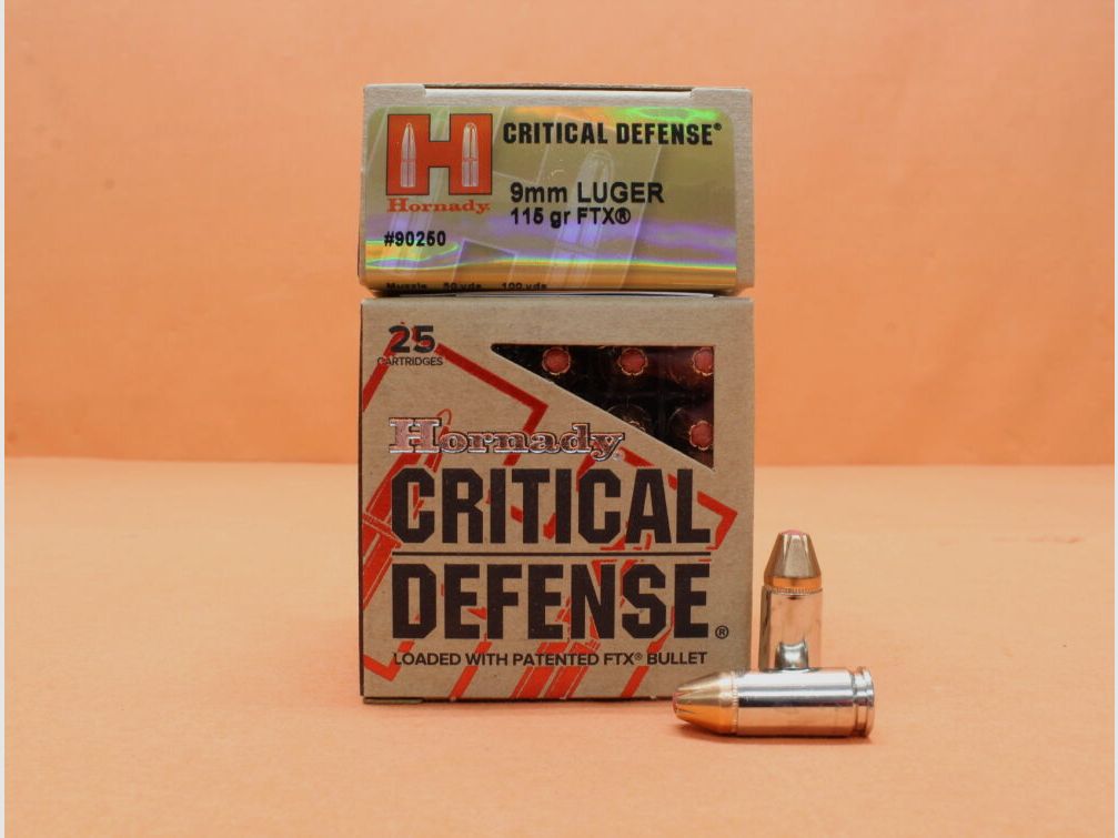 Cartuchos Hornady 9mm Luger Hornady 115grs FTX (90250) VE 25 cartuchos Critical Defense/ 7,45g FTX