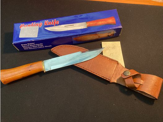 Jagdmesser, Grütemesser mit Lederscheide, ca. 15cm Klingenlänge, 26,5cm Gesamt, Holzgriff, Neu + OVP