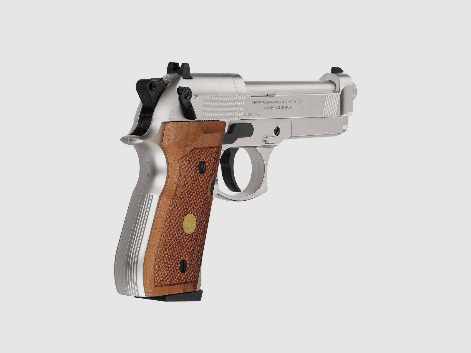 Luftpistolenset Beretta M 92 FS 4,5 mm Diabolo Nickel / Holzgriffschalen (P18) Co2-Pistole + 1000 Diabolos + 10 Co2-Kapseln Umarex