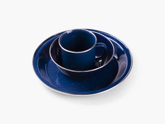 Juego de utensilios de camping de esmalte grande de 12 piezas en azul