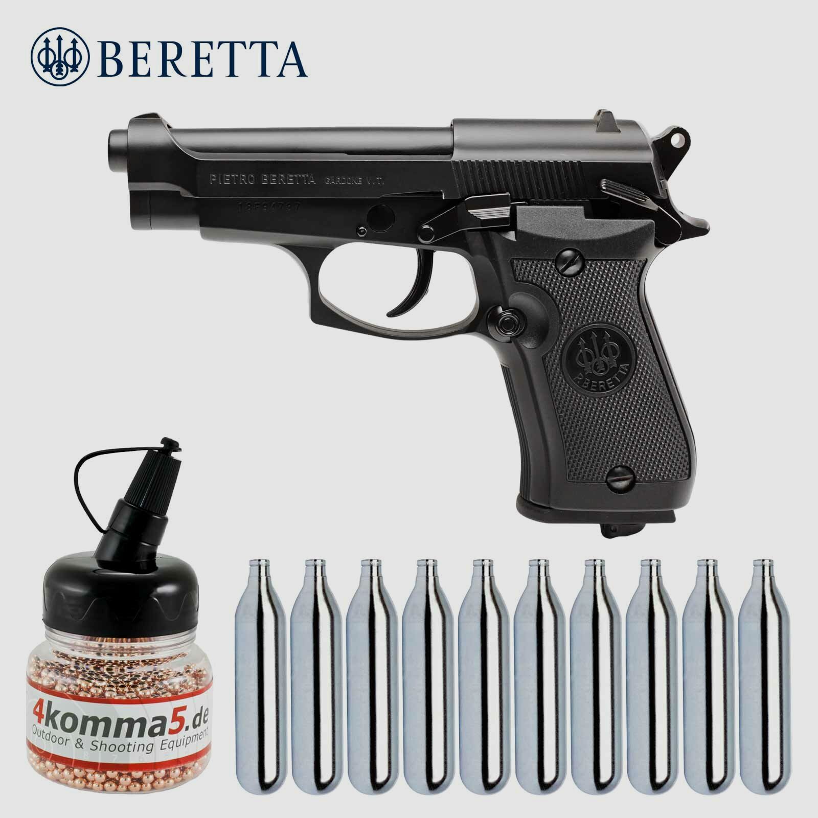 Luftpistolenset Beretta M84 FS 4,5 mm BB Co2-Pistole Blowback Vollmetall (P18) + 10 Co2-Kapseln + 1500 Stahl-BB's 4komma5