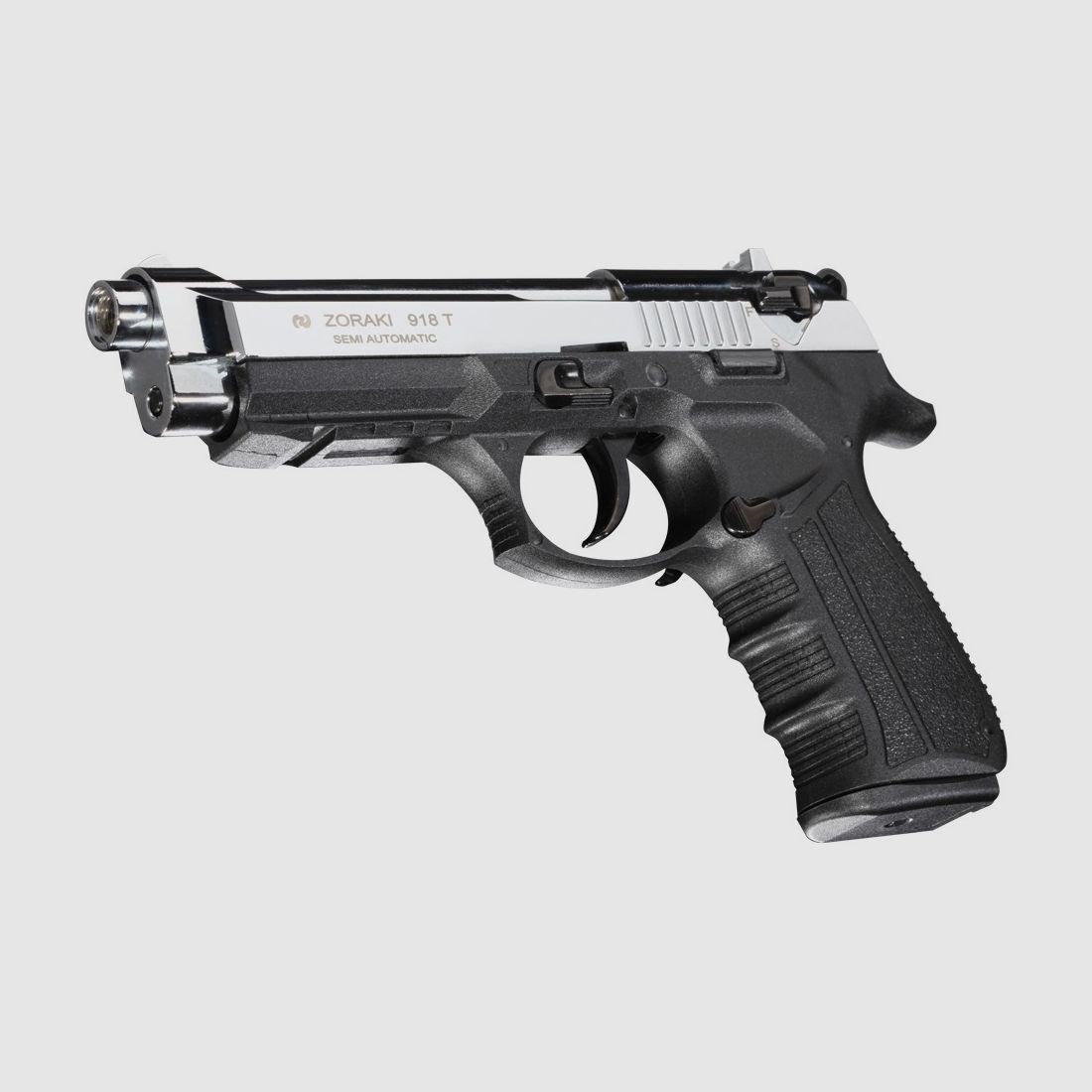 ZORAKI 918T Brillo Cromo 9mm P.A.K. pistola de fogueo al estilo de Pietro Beretta 92F / M9