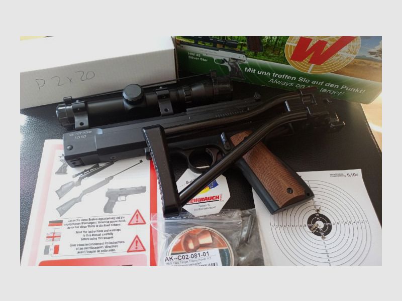 Sammlungsauflösung: Pistole Weihrauch HW45 mit Zielfernrohr und Anschlagsschaft (Kaliber 4,5 mm auch bekannt als .177) / das Gesamtpaket "Operation-Airborne"