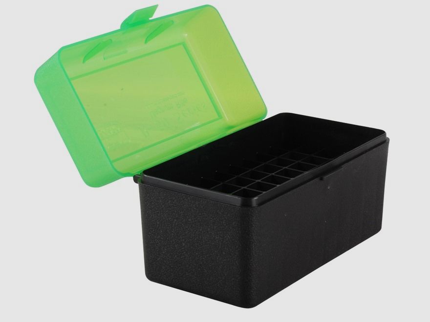MTM scatola per cartucce RLLD-50-16T verde/nera con coperchio a ribalta per 50 cartucce 7mm Rem. Mag. e altre.