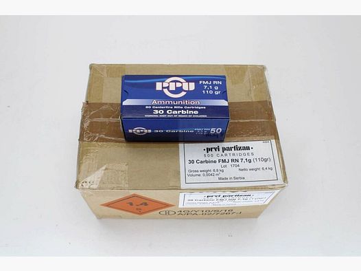 500 rounds PPU .30 Carbine with 7.1 grams 110gr. FMJ RN 10x50 pack