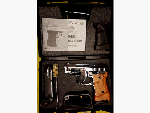 Zoraki 914 Schreckschuss Pistole 9mm P.A.K. Chrom Holzoptik (PTB 972 !!!) mit 2 Magazinen und 2 Paar Griffschalen - neuwertig!