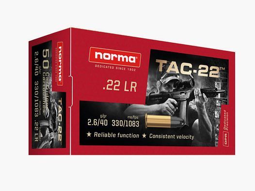Cartouches Norma 22LR 2.6G/40GR TAC-22 LRN Boite de 50