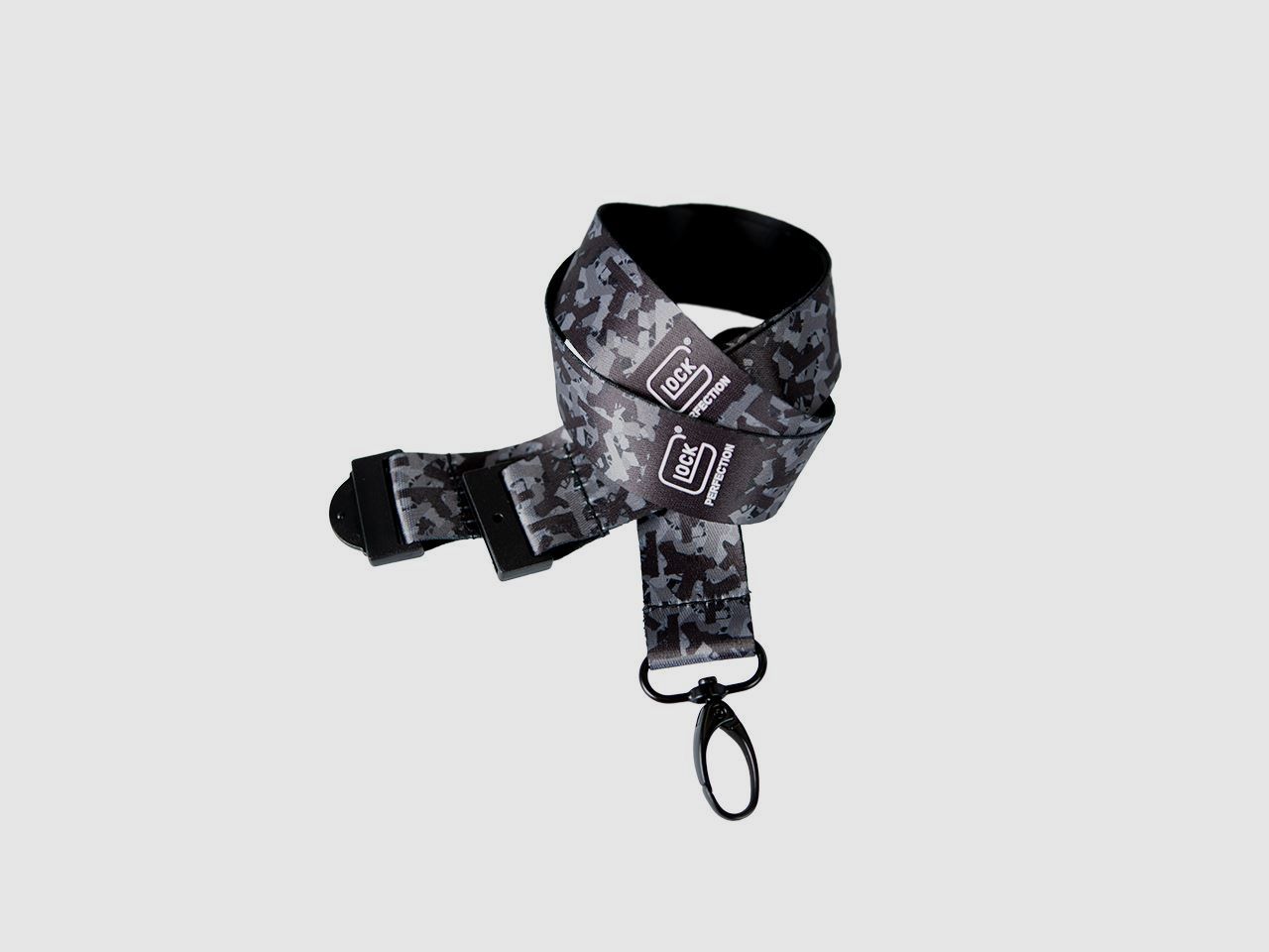 Glock Schlüsselband/Lanyard – Schwarz Pistolen-Camouflage Satin – Metall-Karabiner