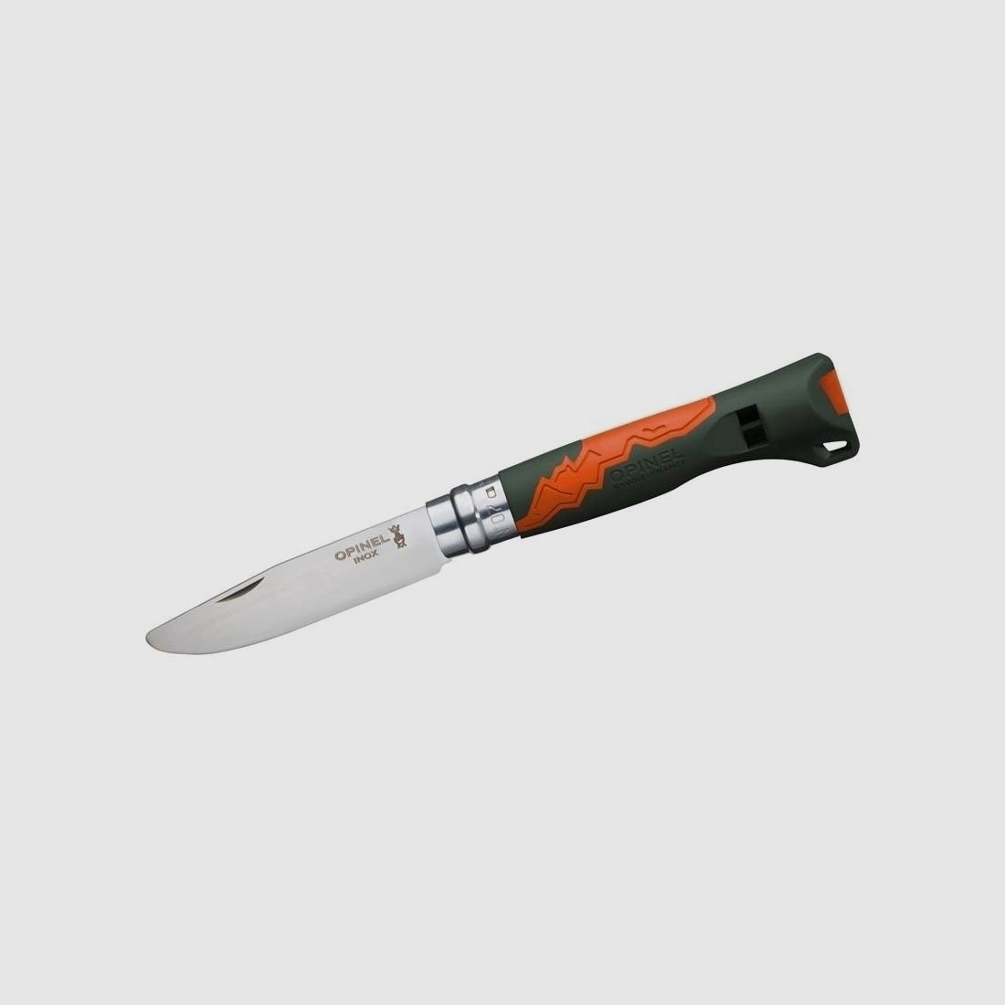 Opinel Kindertaschenmesser Nr. 7 OUTDOOR JUNIOR, Stahl 12C27, abgerundete Spitze, khaki/orangefarbener Polyamid-Griff,
