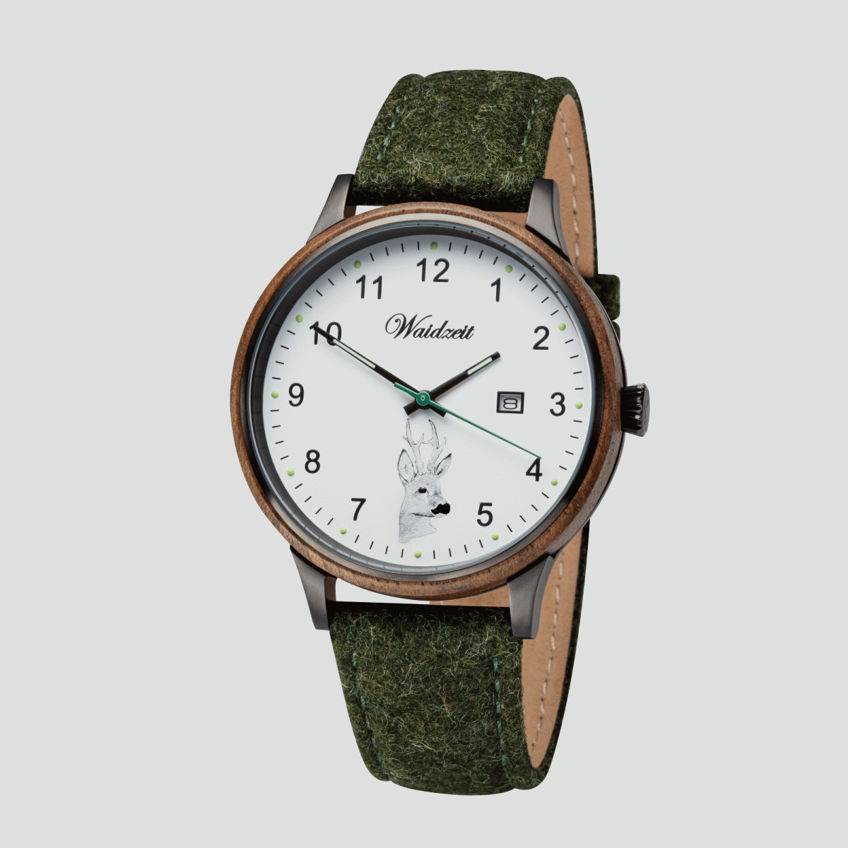 Herrenjagduhr Hubertus Rehbock mit Lodenarmband Moosgrün