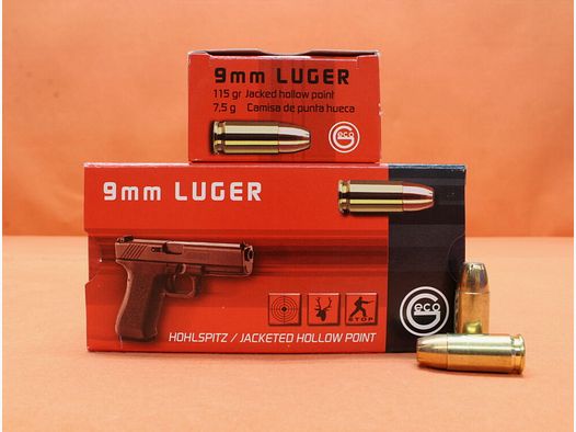 GECO Patrone 9mmLuger GECO 115grs JHP (2317707) VE 50 Patronen/ 7,5g Hohlspitz (mit Sollbruchstellen)