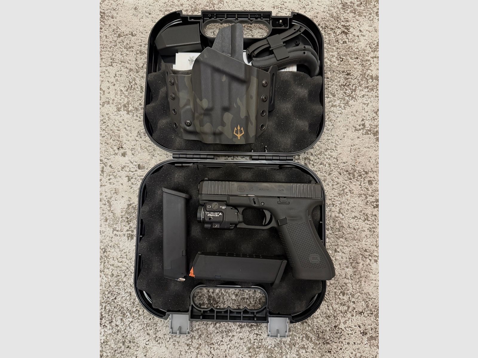 Glock 45 – neuwertig – mit Streamlight TLR-8 (Lampe + roter Laser) & Black Trident Holster