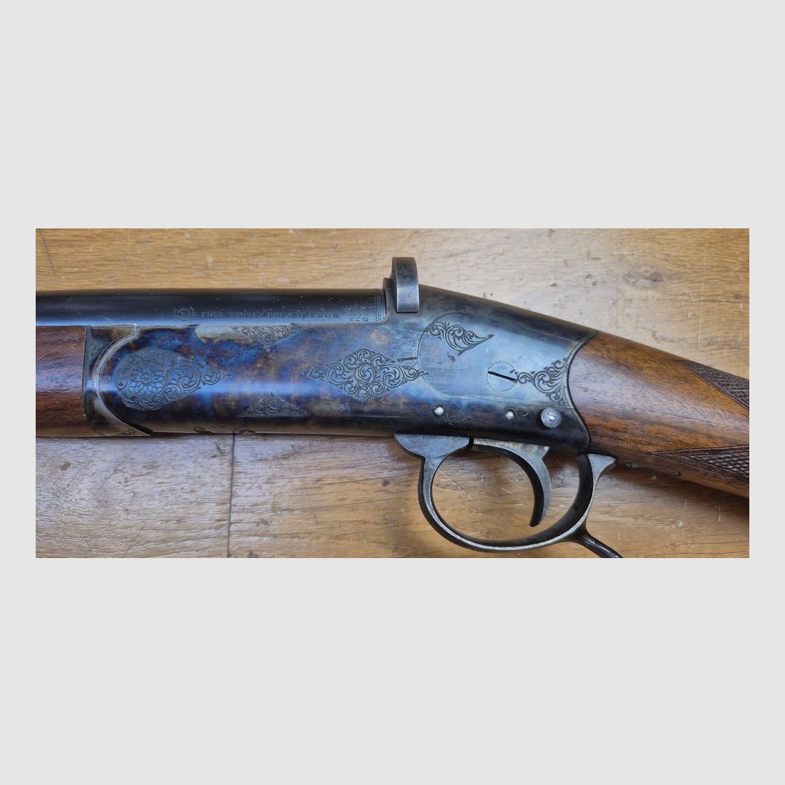 Sehr schönes Exemplar eines FUSIL SIMPLEX — Manufrance Saint-Étienne — Patentiert 1908 — Kal. 16/70 — Luxusversion in Nussbaum — Waffe aus den 50er Jahren — Kaliber 16/70 — Zu reinigen, aber wirklich in ausgezeichnetem Zustand — TBE++, Bild 32 von 38