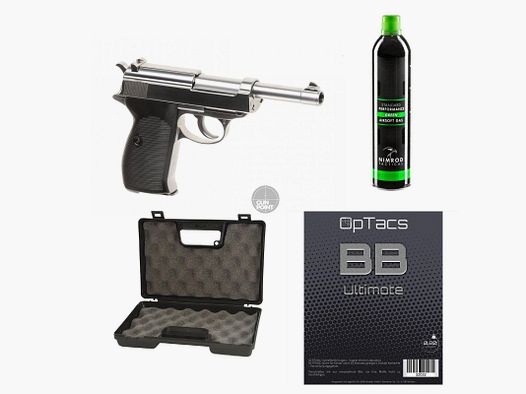 SET !!! Softair - Pistole - WE - P38 Full Metal GBB silver - ab 18, ber 0,5 Joule