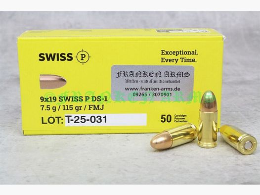 Swiss P 9x19 DS-1 FMJ 115gr. 7,5g 50 piezas