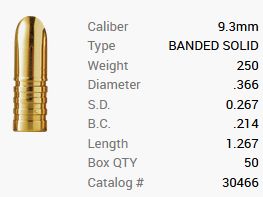 Barnes bullet .366 / 9.3mm 250GR Banded Solid 50 pieces